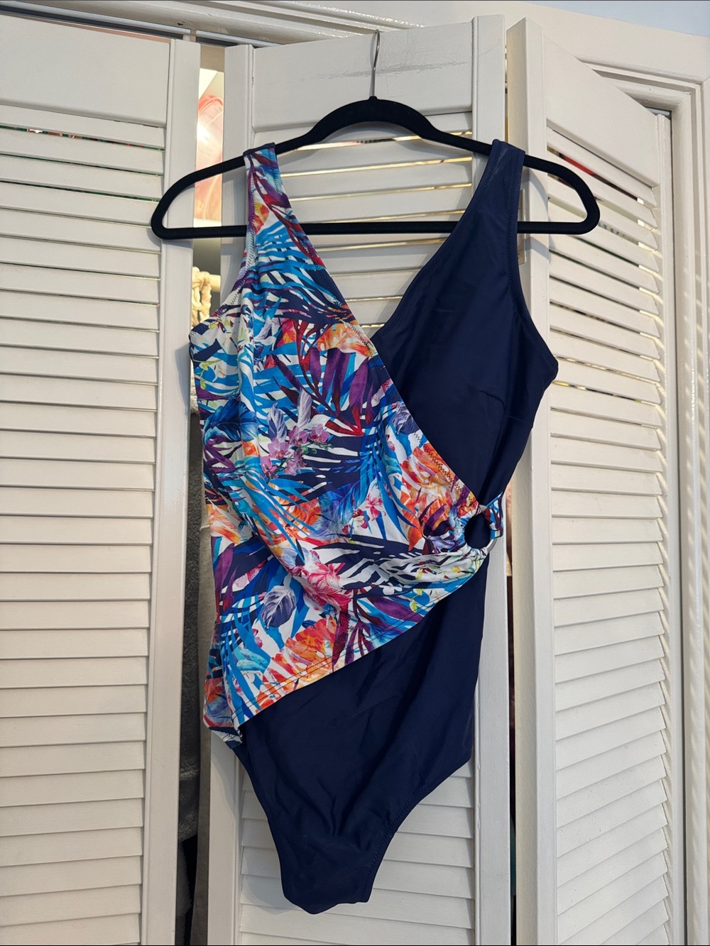 Navy Blue One-Piece Swimsuit with Tropical Print